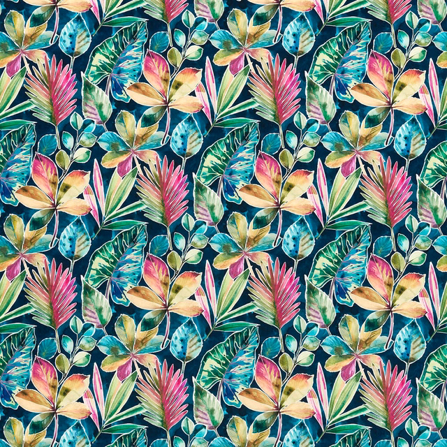 Deep teal velvet with pink tropical flowers, turquoise leaves and dense green foliage