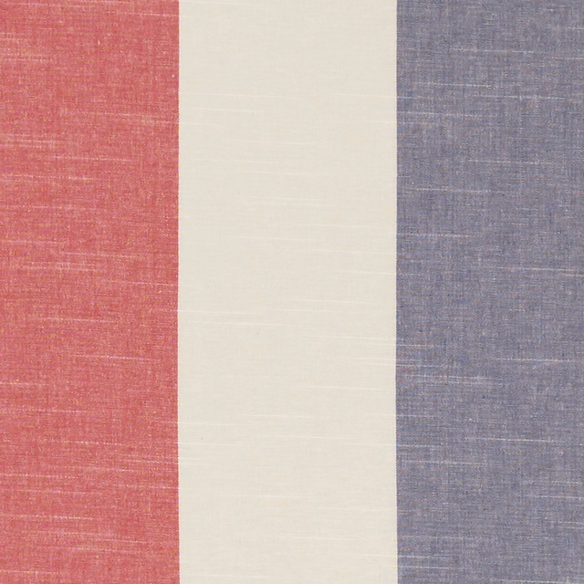 Muted raspberry, ivory and denim-blue vertical stripes in a fine slub weave
