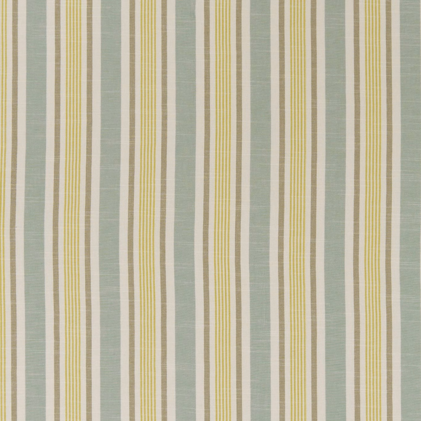 Muted aqua, cream and mustard vertical stripes with a fine woven slub texture