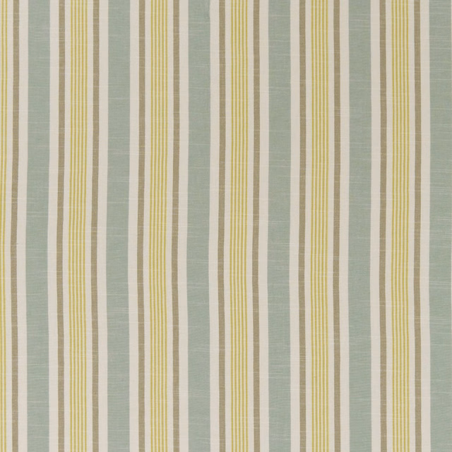 Muted aqua, cream and mustard vertical stripes with a fine woven slub texture