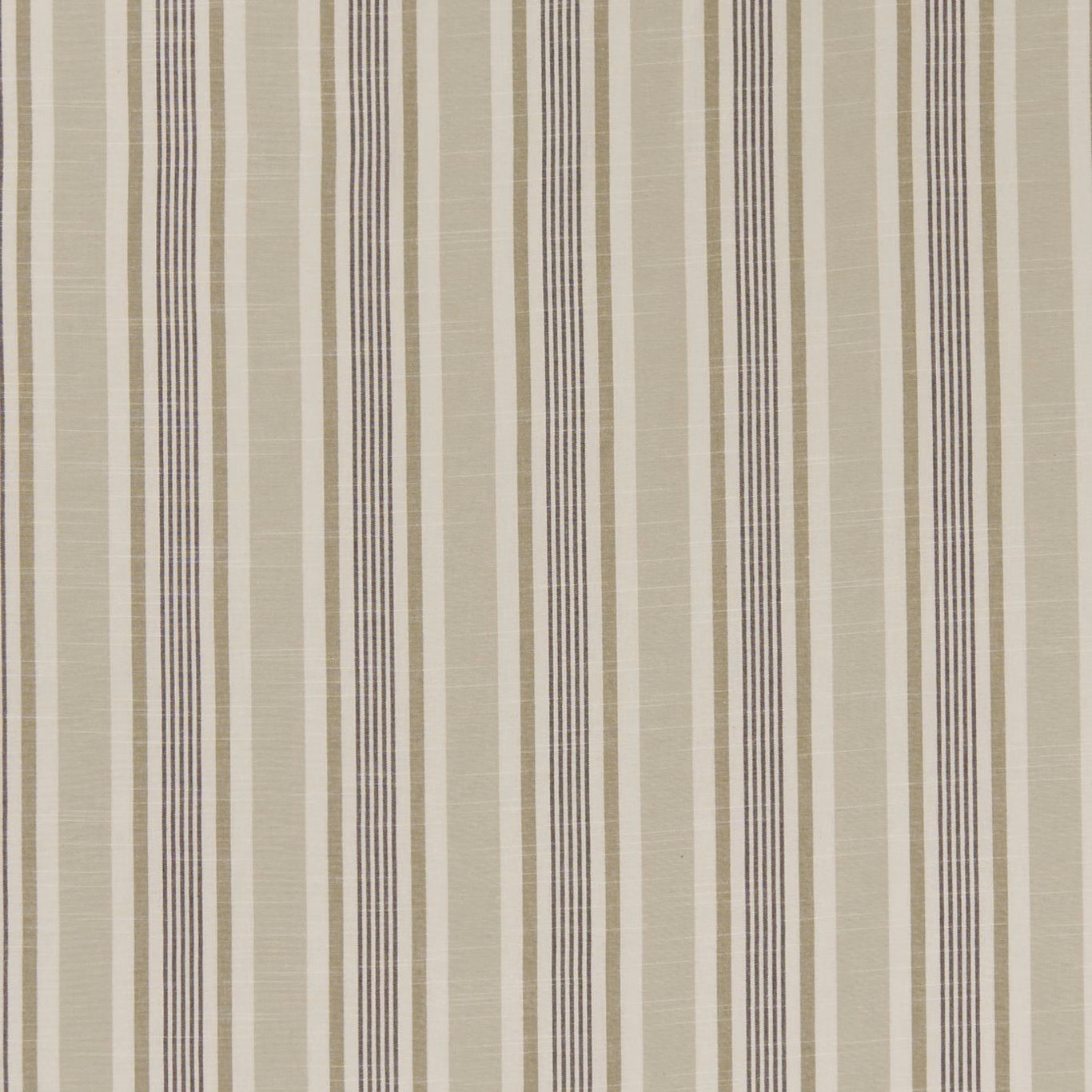 Stone-grey woven fabric with vertical charcoal pinstripes and broad tonal bands