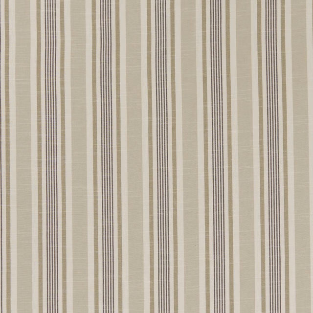 Stone-grey woven fabric with vertical charcoal pinstripes and broad tonal bands