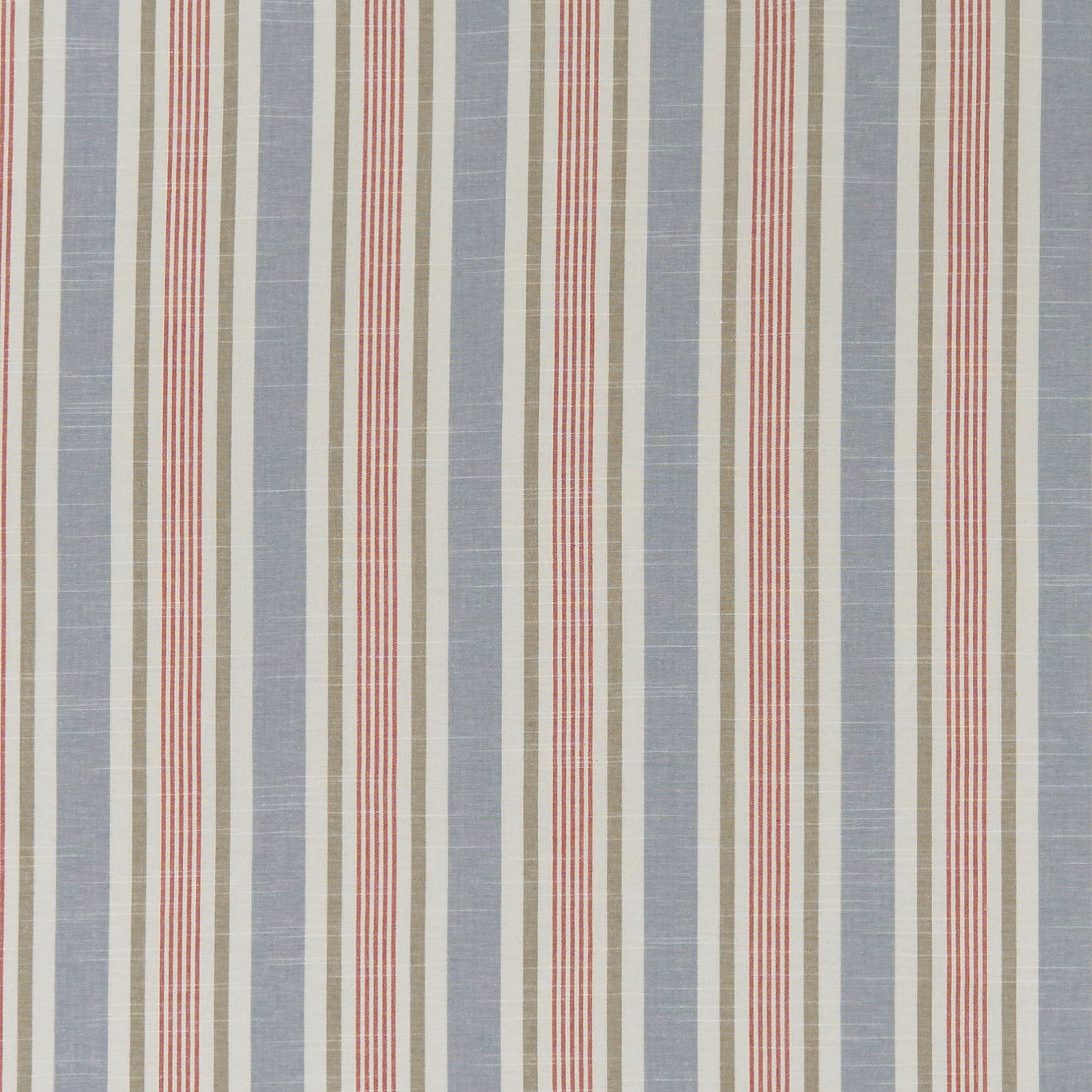 Cool denim-blue striped fabric with cream bands and fine red pinstripes
