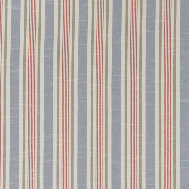 Cool denim-blue striped fabric with cream bands and fine red pinstripes