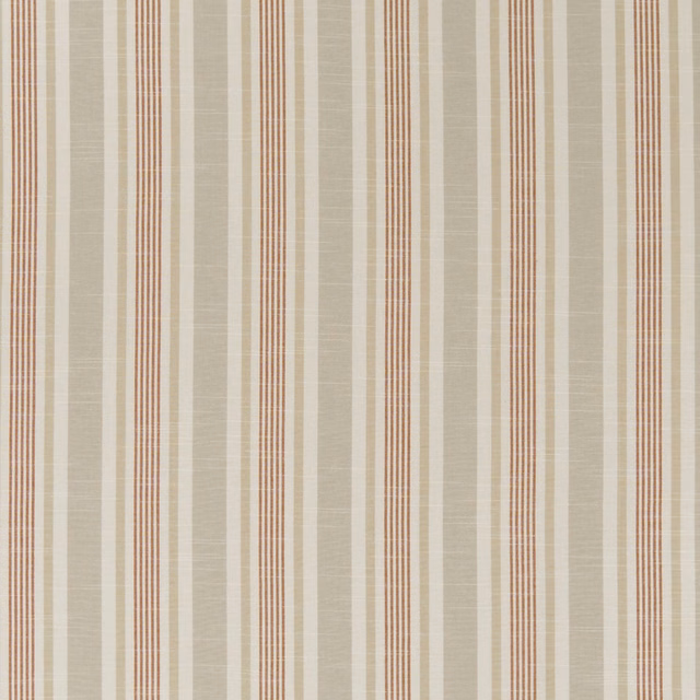 Warm beige woven fabric with slim terracotta and brown vertical stripes
