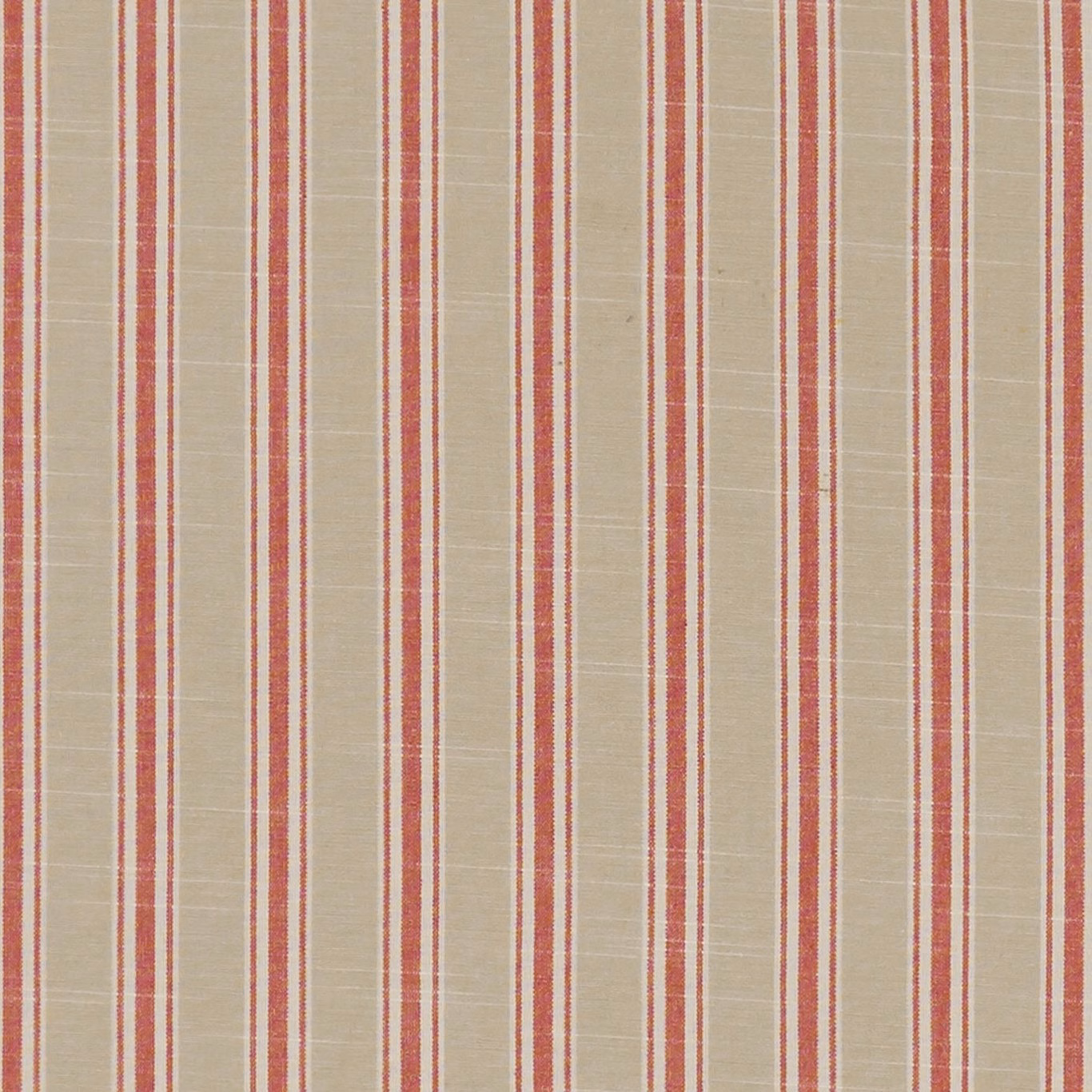 Muted brick-red vertical stripes on a warm oatmeal woven ground