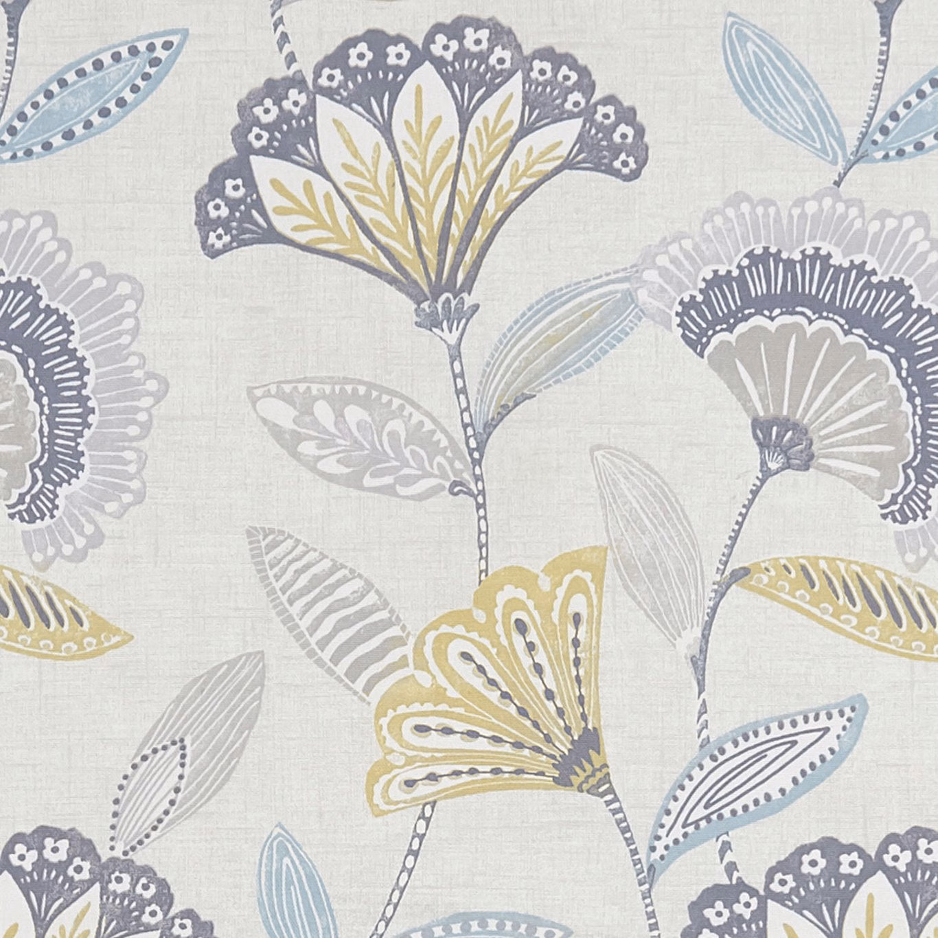 Pale grey botanical weave with charcoal blooms, ochre stems and muted blue leaves