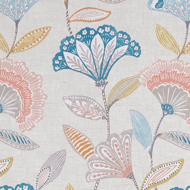 Pale grey floral swatch with coral fans, teal foliage and ochre leaves