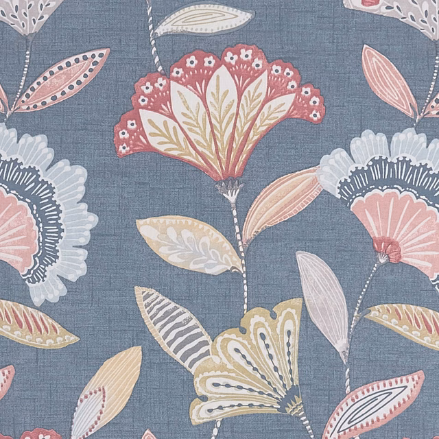 Slate-blue floral fabric with blush blooms, cream leaves and ochre botanical details