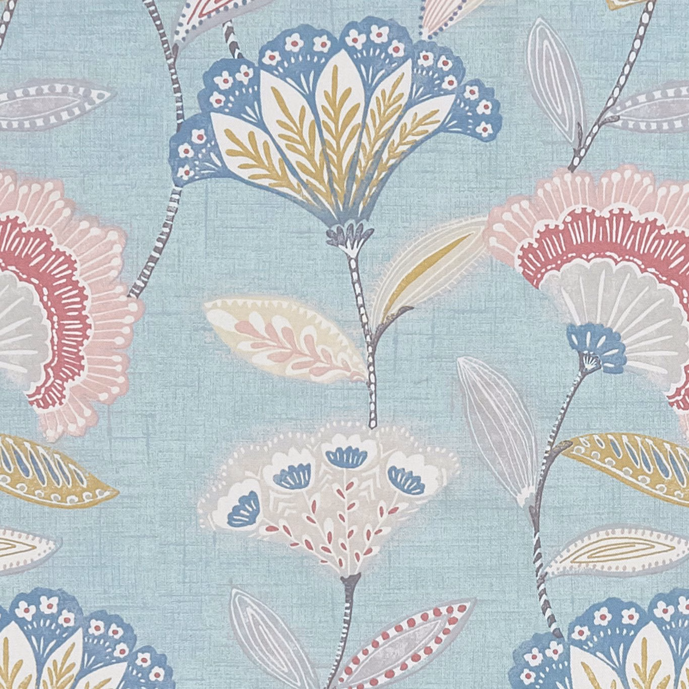 Mineral-blue floral fabric with blush blooms, cream leaves and mustard stems
