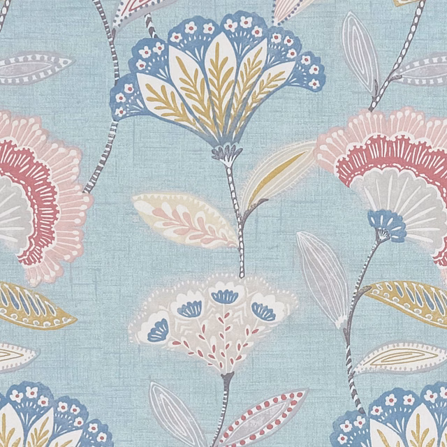 Mineral-blue floral fabric with blush blooms, cream leaves and mustard stems