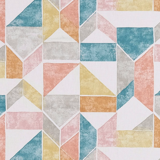 Mottled coral, teal, ochre and grey geometric fabric with angular white divisions