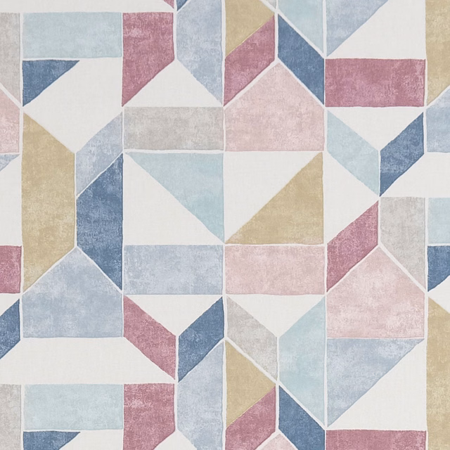 Geometric fabric with mineral blue, blush, aqua and ochre angular blocks on ivory