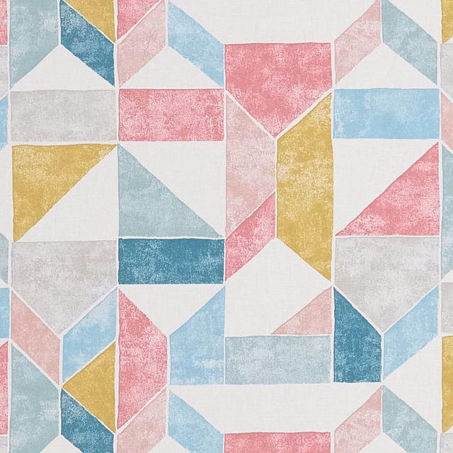 Chalky aqua, blush and ochre geometric textile with mottled printed texture