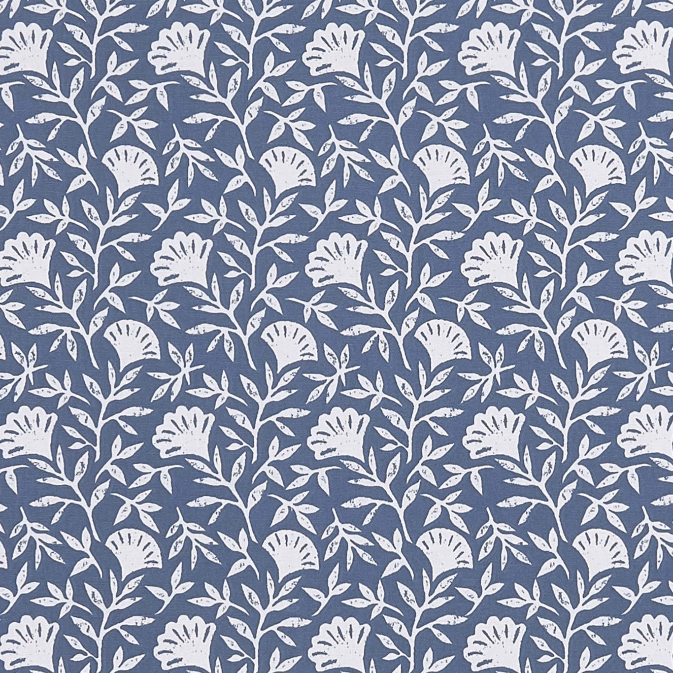 Ivory scalloped flowers and leafy sprigs repeat over a deep midnight-blue ground