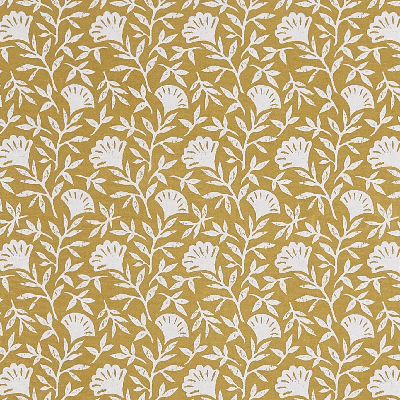 Warm ochre fabric with repeating cream flowers, stems and leafy sprigs