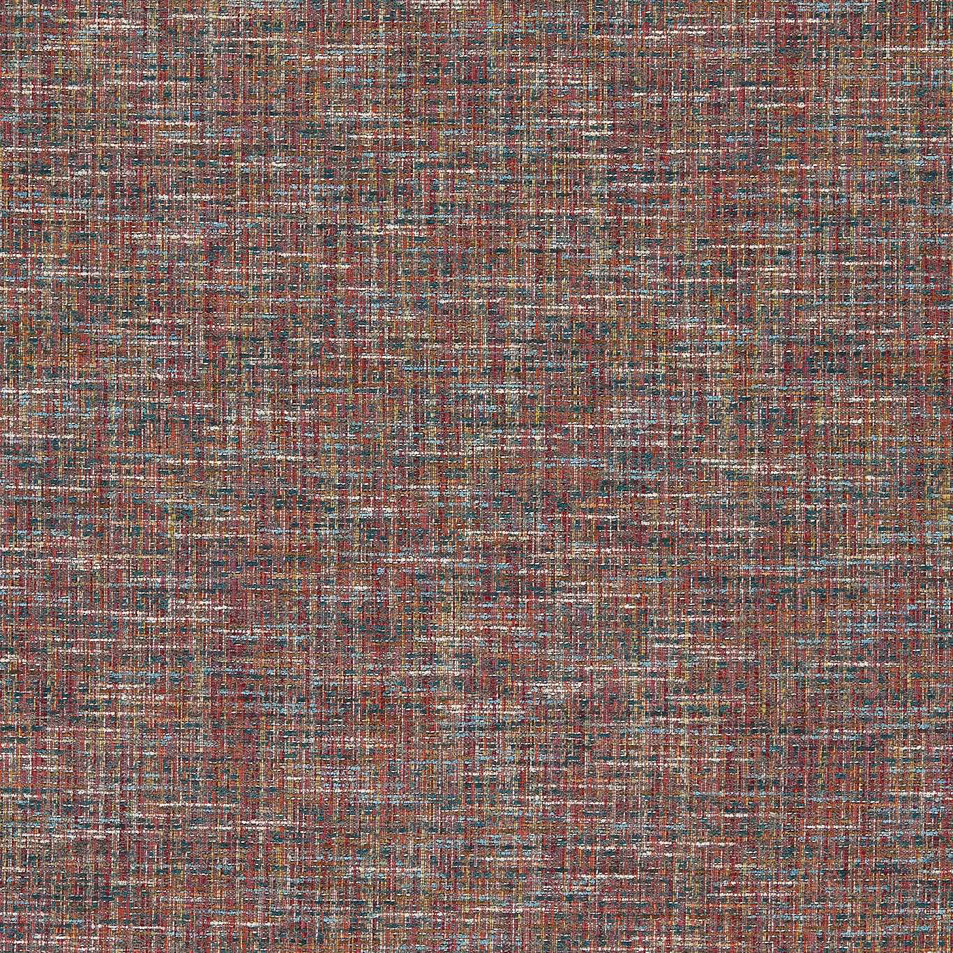 Close-up of muted coral, teal, cream and taupe crosshatched woven fabric