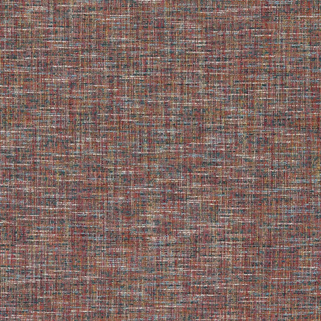 Close-up of muted coral, teal, cream and taupe crosshatched woven fabric