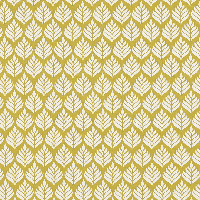 Cream leaf motifs across a warm citrus-olive woven fabric ground