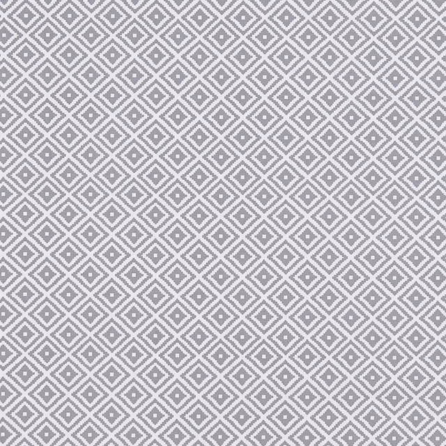 Cool smoky grey woven fabric with repeating pale diamond lattice and tiny centres
