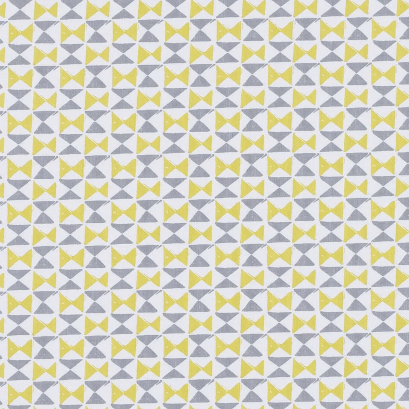Small chartreuse bow-tie and charcoal triangle geometric repeat on pale woven fabric