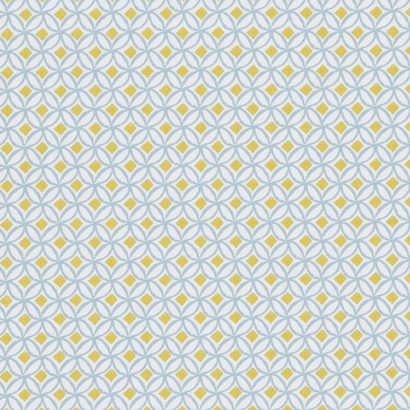 Pale mineral blue lattice with yellow diamond accents on an ivory woven ground