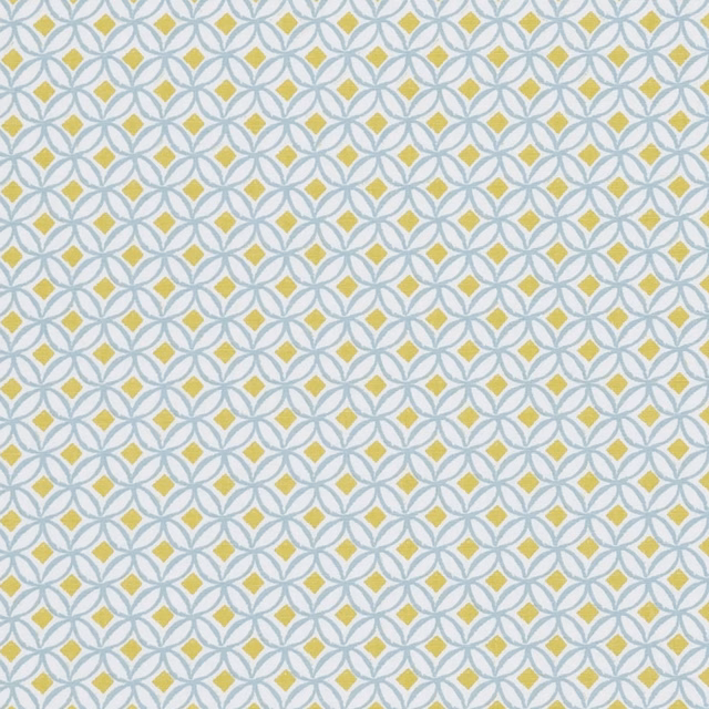 Pale mineral blue lattice with yellow diamond accents on an ivory woven ground