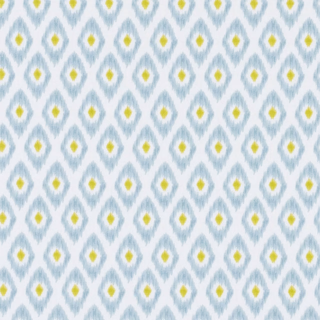 Pale mineral-blue woven ground with citron diamond motifs and soft irregular edges