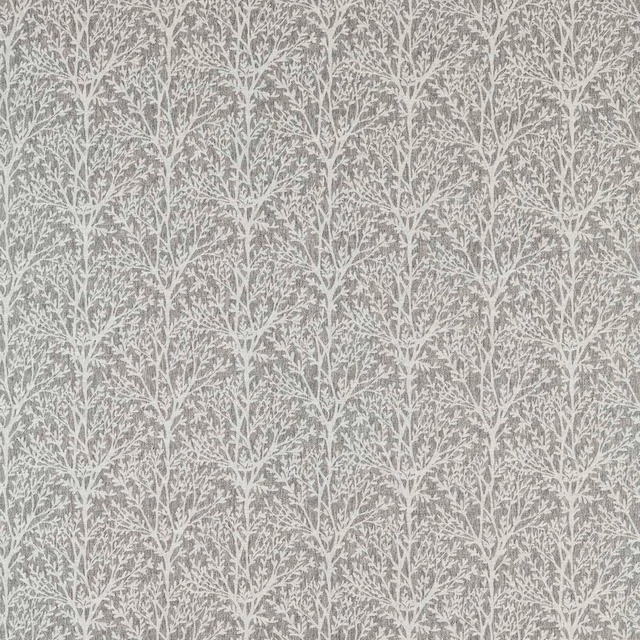 Cool charcoal-grey fabric with pale branching botanical stems in a dense woven repeat