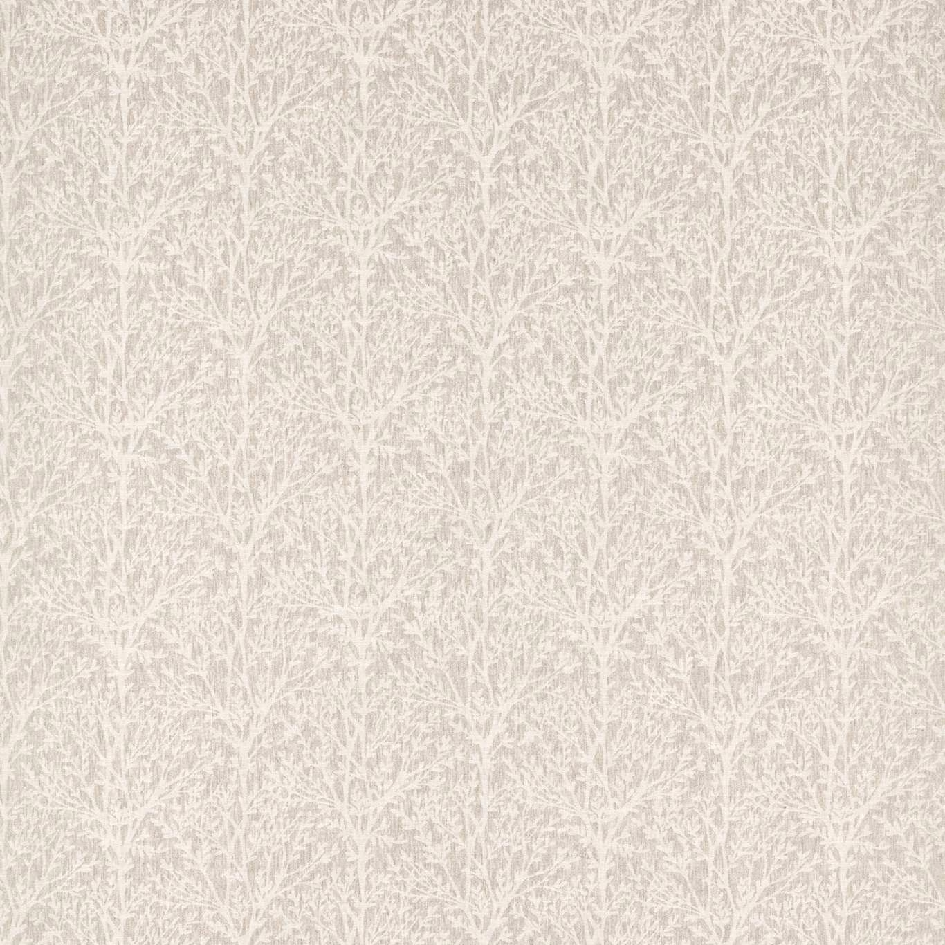 Pale greige fabric with delicate ivory branching foliage and a softly flecked texture