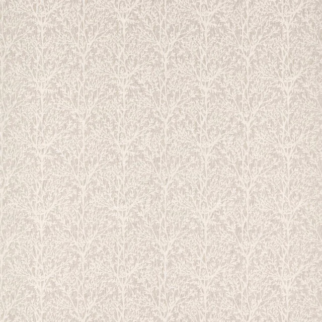 Pale greige fabric with delicate ivory branching foliage and a softly flecked texture