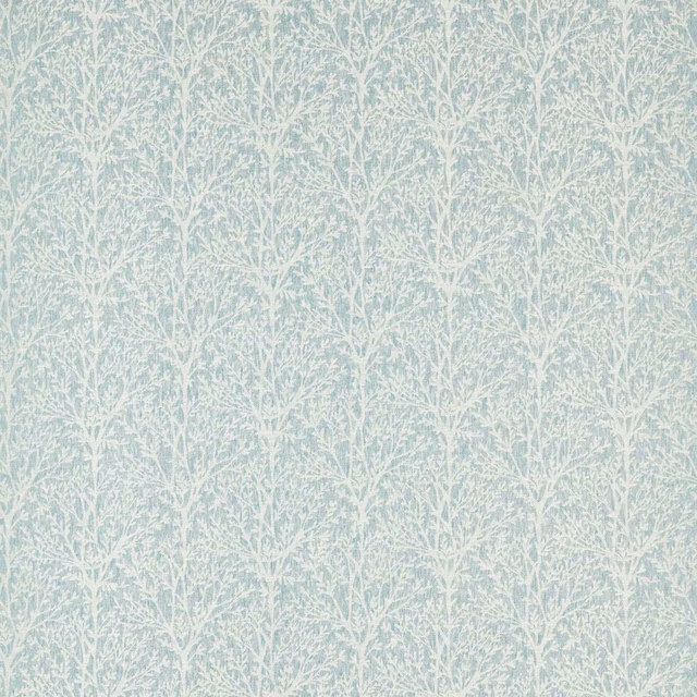Pale mineral-blue fabric with fine white branching botanical stems and subtle woven texture
