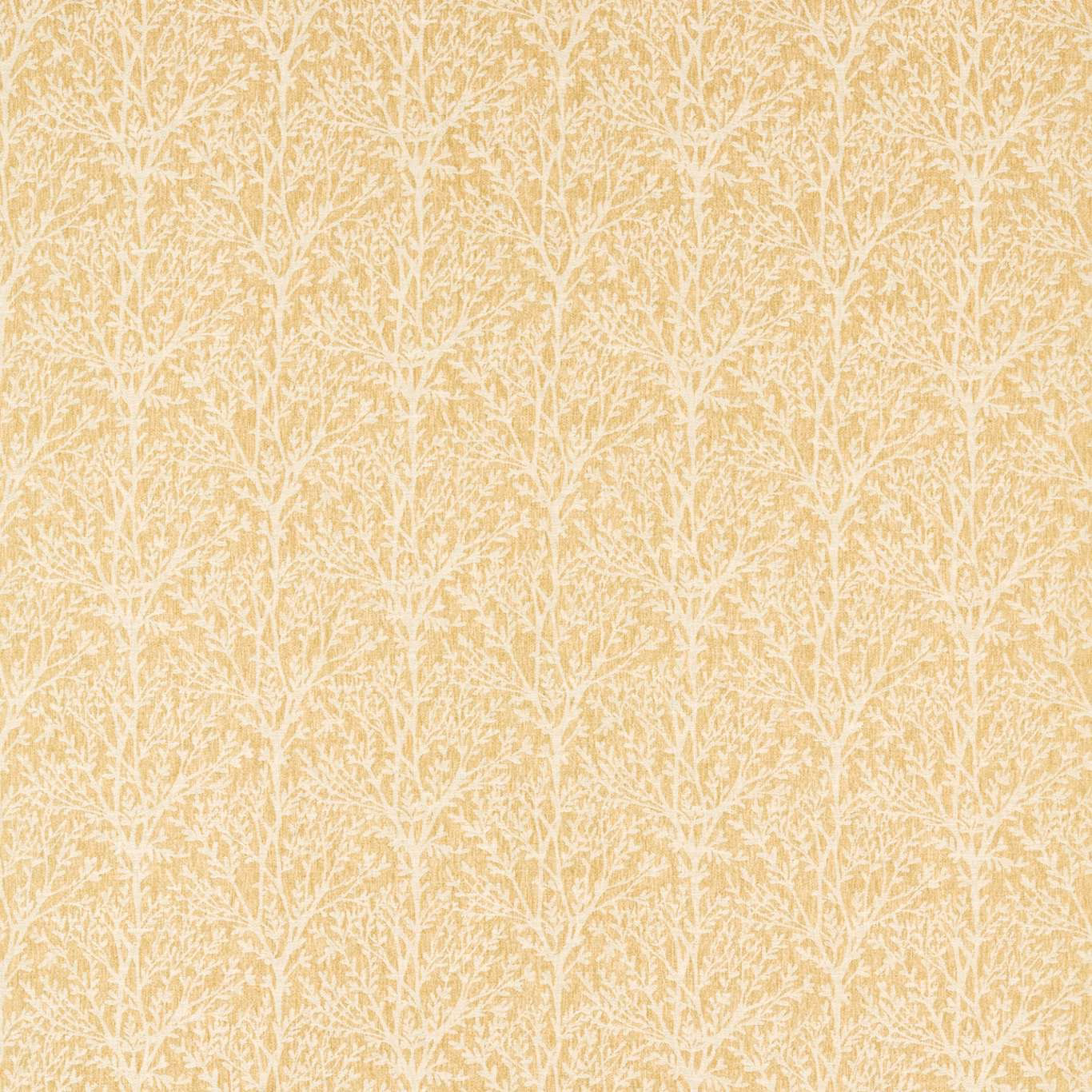 Warm ochre fabric with fine cream branching foliage and a softly textured surface