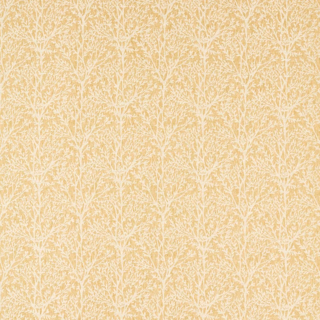 Warm ochre fabric with fine cream branching foliage and a softly textured surface