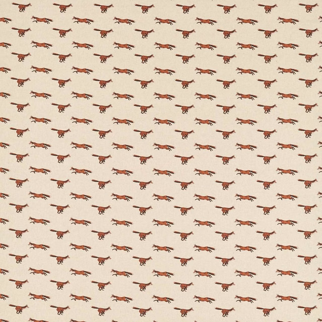 Warm cream textile with rows of small spice-brown running fox motifs