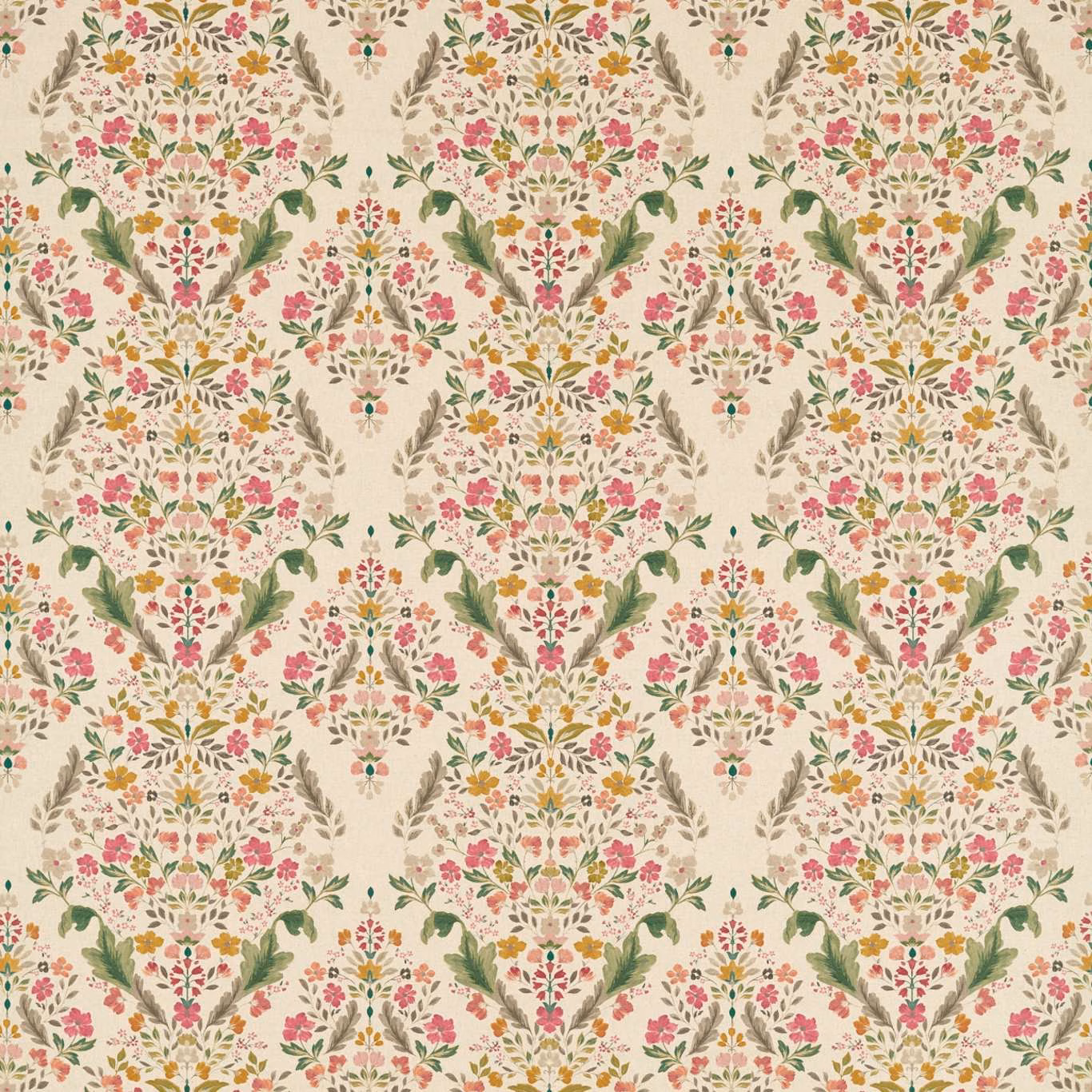 Warm cream floral textile with pink blooms, green foliage and ochre detailing