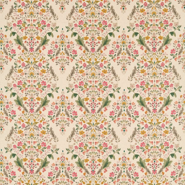 Warm cream floral textile with pink blooms, green foliage and ochre detailing