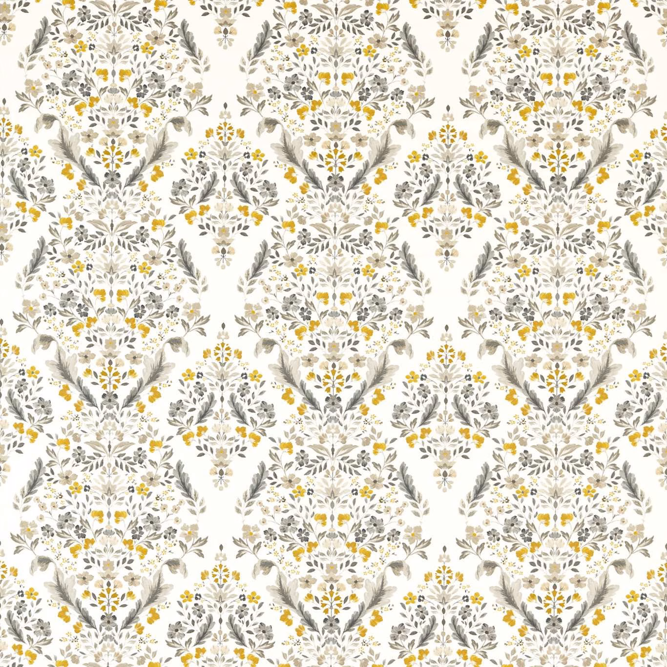 Cream botanical fabric with charcoal foliage, symmetrical sprays and mustard-yellow floral accents