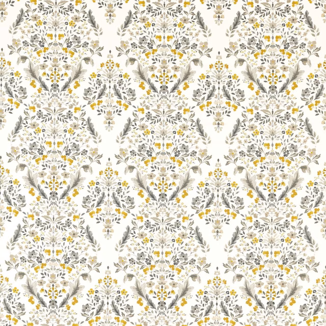 Cream botanical fabric with charcoal foliage, symmetrical sprays and mustard-yellow floral accents