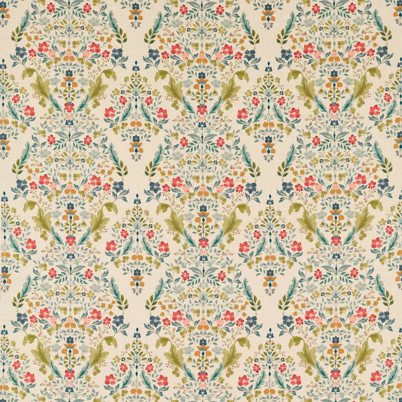 Pale linen-toned fabric with olive leaves, teal stems and coral flowers