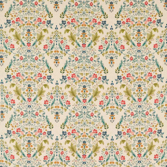 Pale linen-toned fabric with olive leaves, teal stems and coral flowers