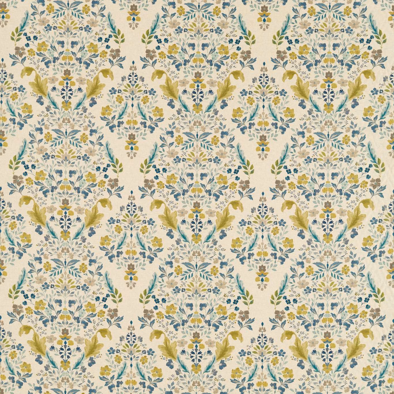 Cream botanical fabric with mineral blue, olive and ochre floral sprays