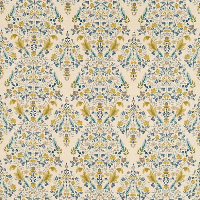 Cream botanical fabric with mineral blue, olive and ochre floral sprays