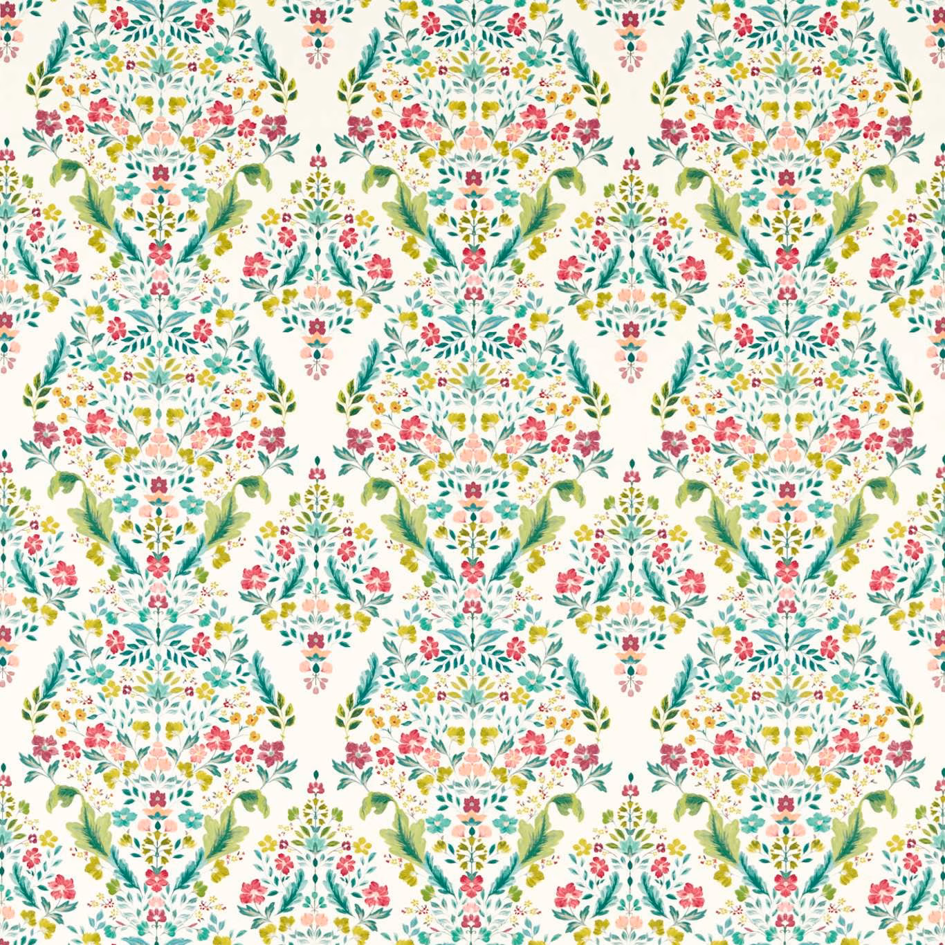 Cream botanical fabric with green foliage, coral flowers, teal and yellow floral sprays