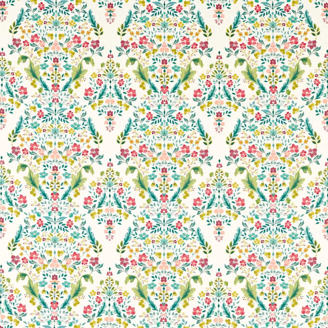 Cream botanical fabric with green foliage, coral flowers, teal and yellow floral sprays