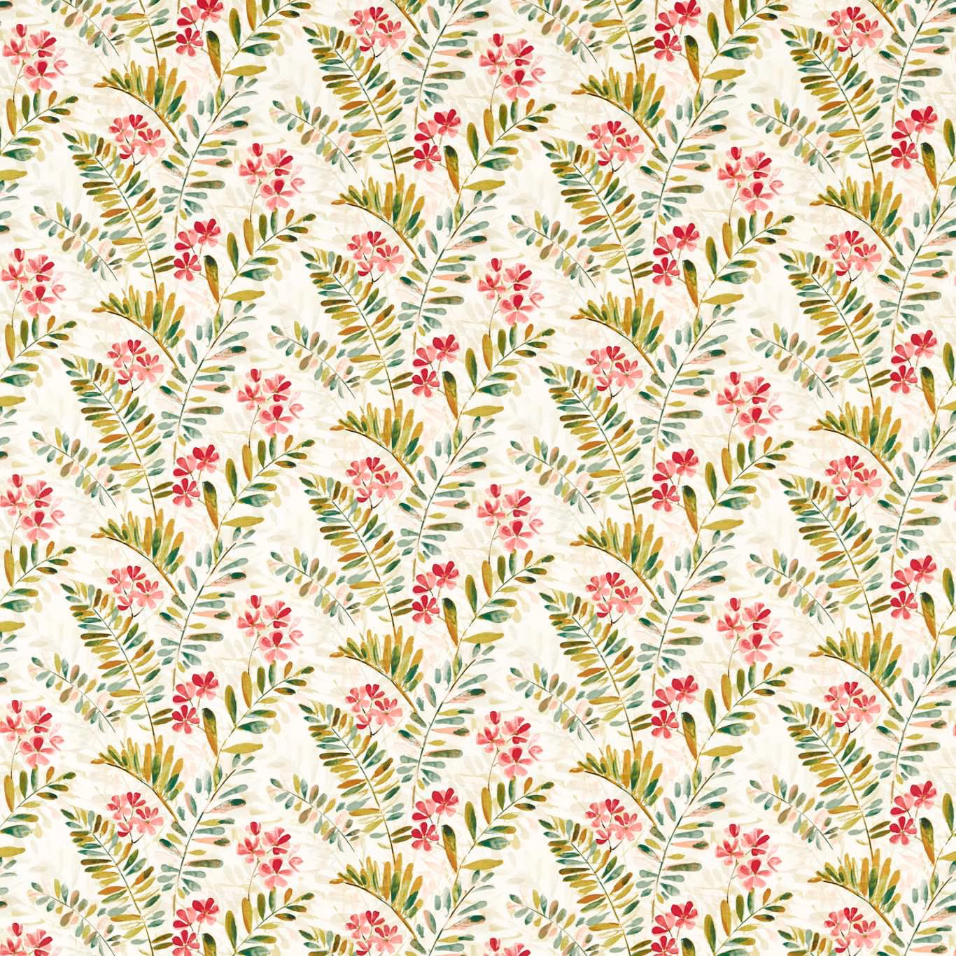 Warm cream floral fabric with olive leaves, ochre stems and coral-pink flowers