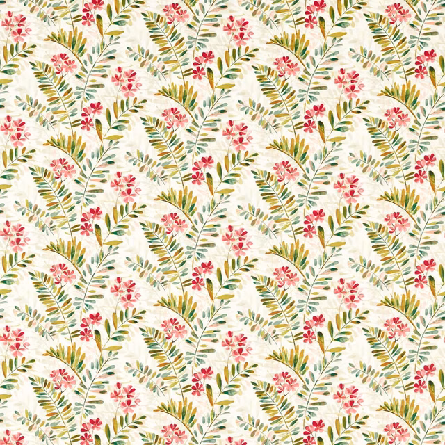 Warm cream floral fabric with olive leaves, ochre stems and coral-pink flowers