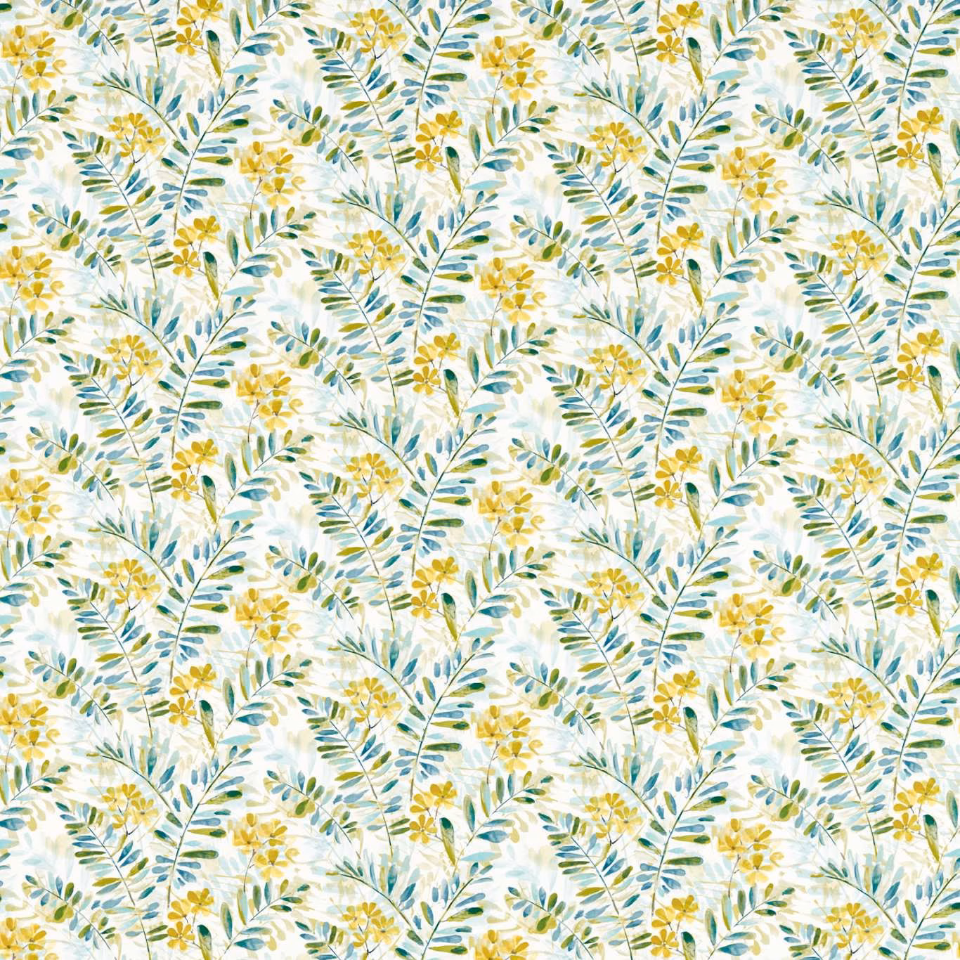 Denim-blue leafy stems and citrus-yellow blossoms on a pale ground