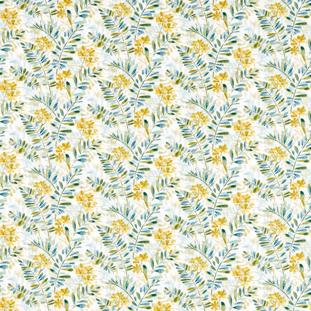 Denim-blue leafy stems and citrus-yellow blossoms on a pale ground