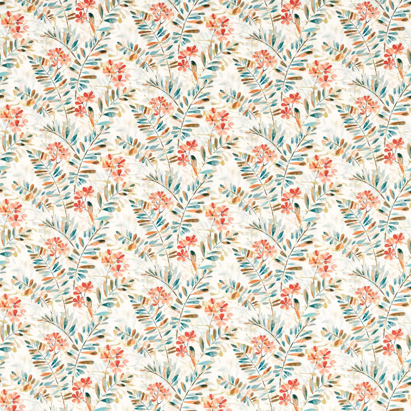 Cream botanical fabric with coral blossoms, mineral teal leaves and spice accents